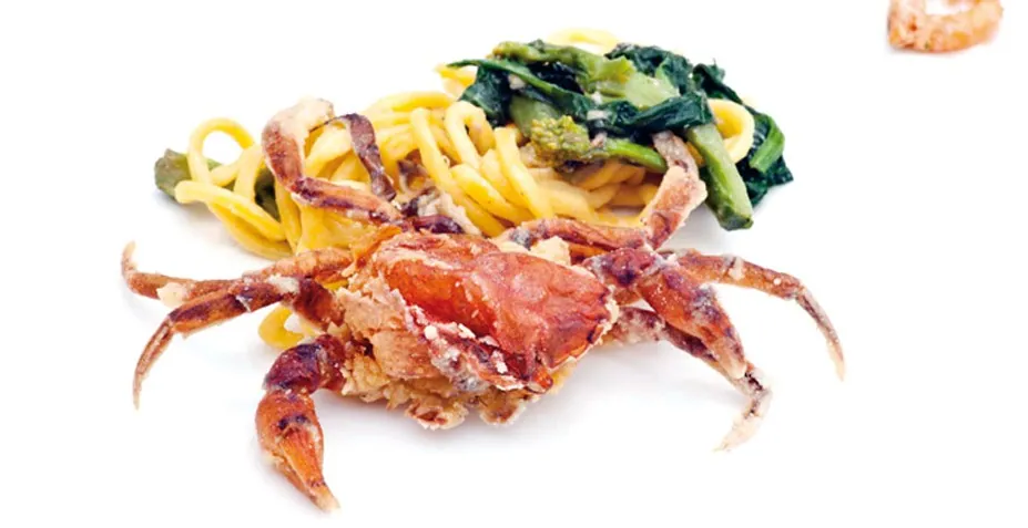 Spaghetti di ricamati con crema all'aglio, olio santo e ricci di mare