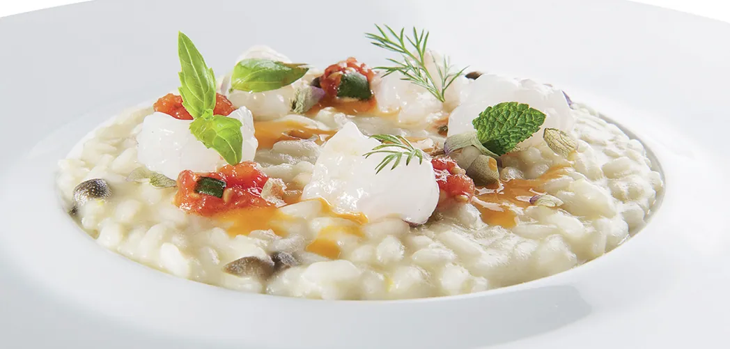 Risotto all'olio extravergine di olive Nocellara con gamberi "viola" di Sanremo e origano di Vendicari
