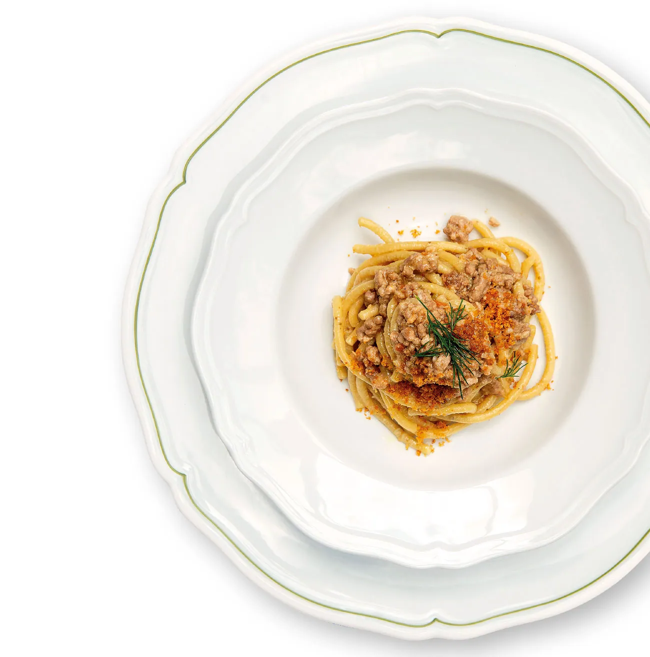 Pici trafilati in bronzo al Finocchietto Selvatico, ragù di cinta senese e pane piccante e croccante di Maria Probst e Cristian Santandrea per il ristorante Torre a Cona
