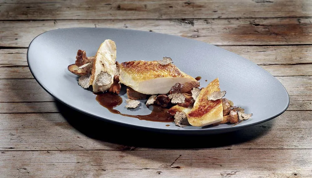Suprema di galletto ruspante finferli, patate dolci e jus al tartufo nero dell’Appennino