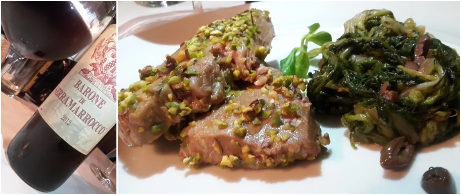 Barone di Serramarrocco 2012 con Tataki di tonno in crosta di pistacchio con tortino di scarola