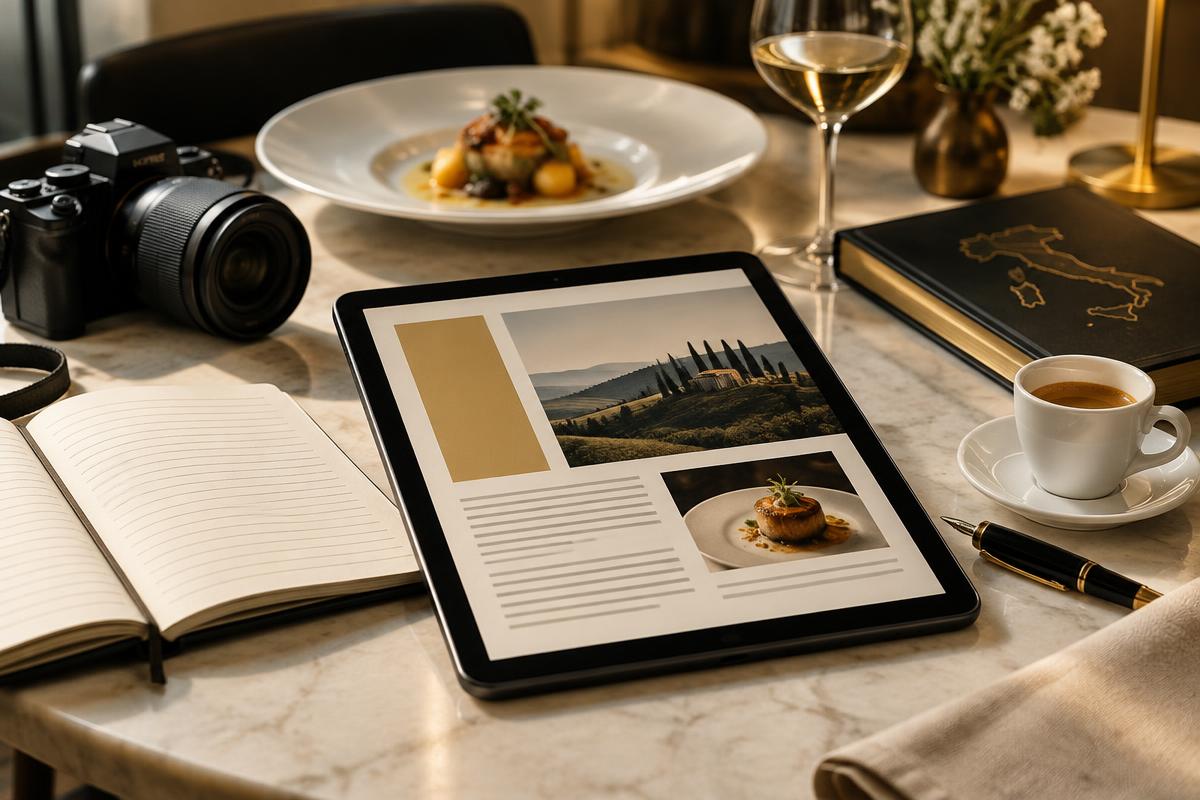 Scrivania di giornalismo gastronomico con tablet e macchina fotografica