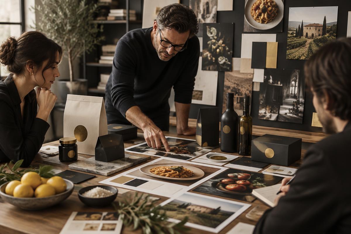 Studio creativo al lavoro sull'identità di un marchio gastronomico